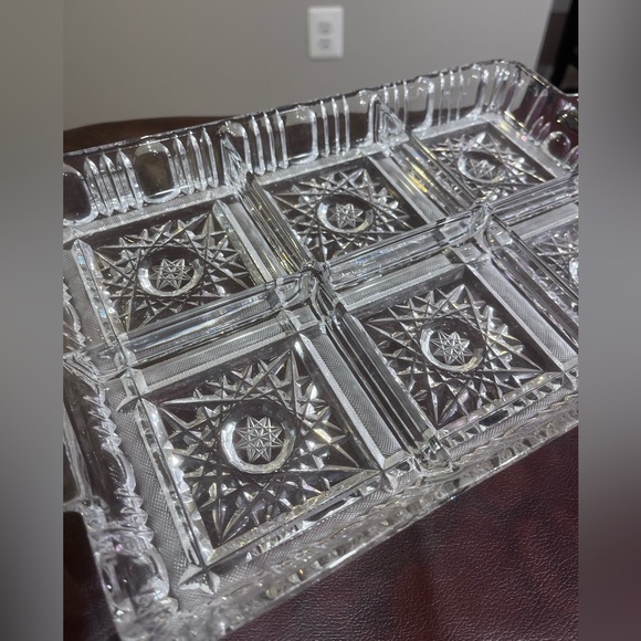 Vintage Czech Bohemian Hand Cut Crystal Antique Rectangular Tray 6 sections - Picture 2 of 6